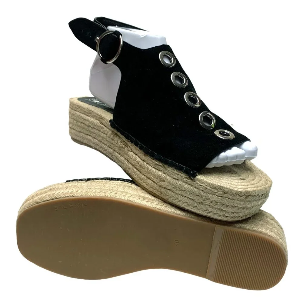 SOL SANA‎ Black Suede Jute Platform Slingback Espadrille Sandals **NWOB